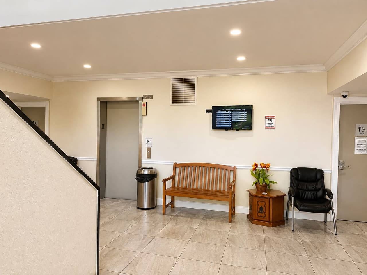 Ground floor lobby of the Arbour Building, with the elevator to the second floor and suite 206.