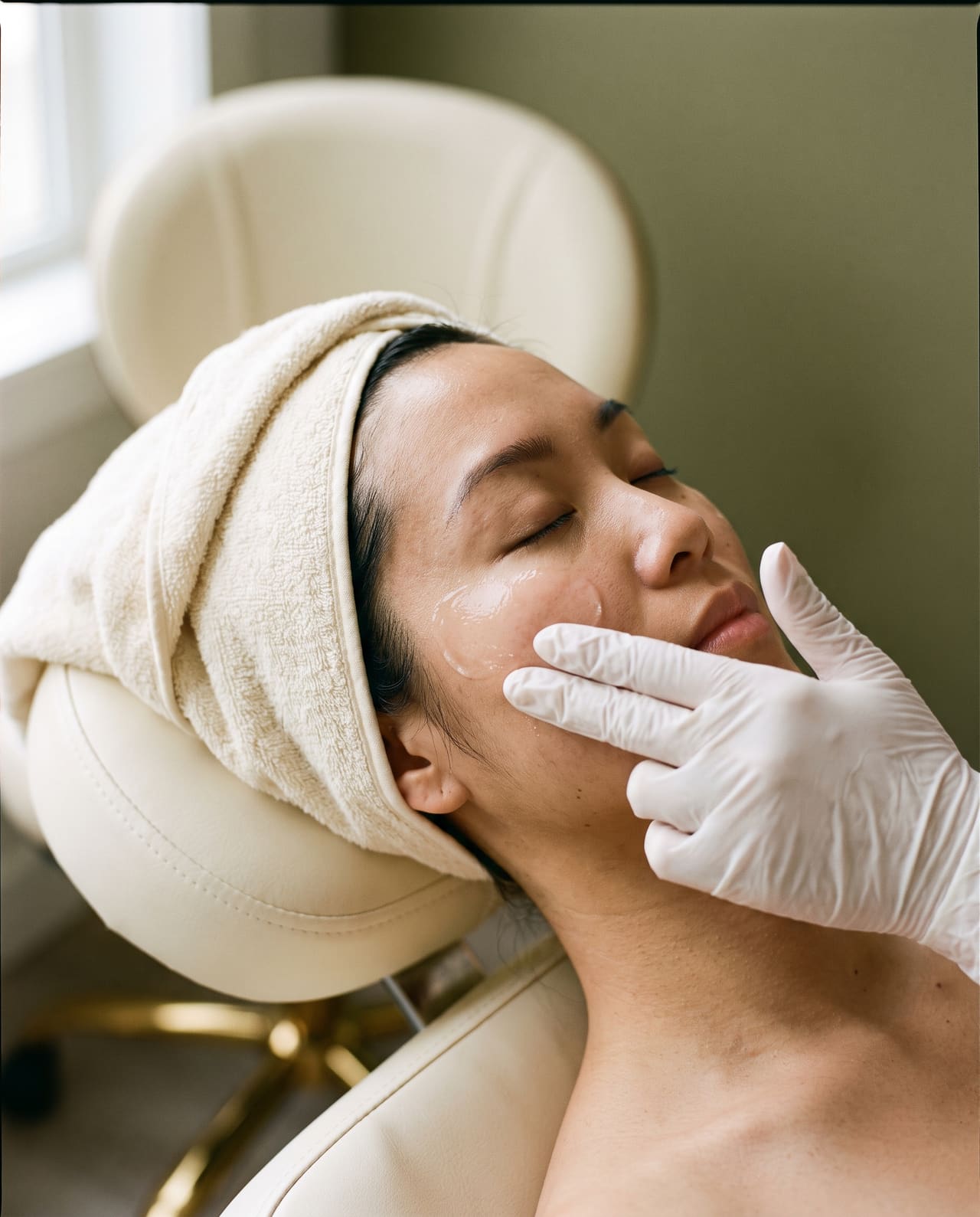 A gloved hand smoothing a clear serum over the cheek of a reclined client with her eyes closed.