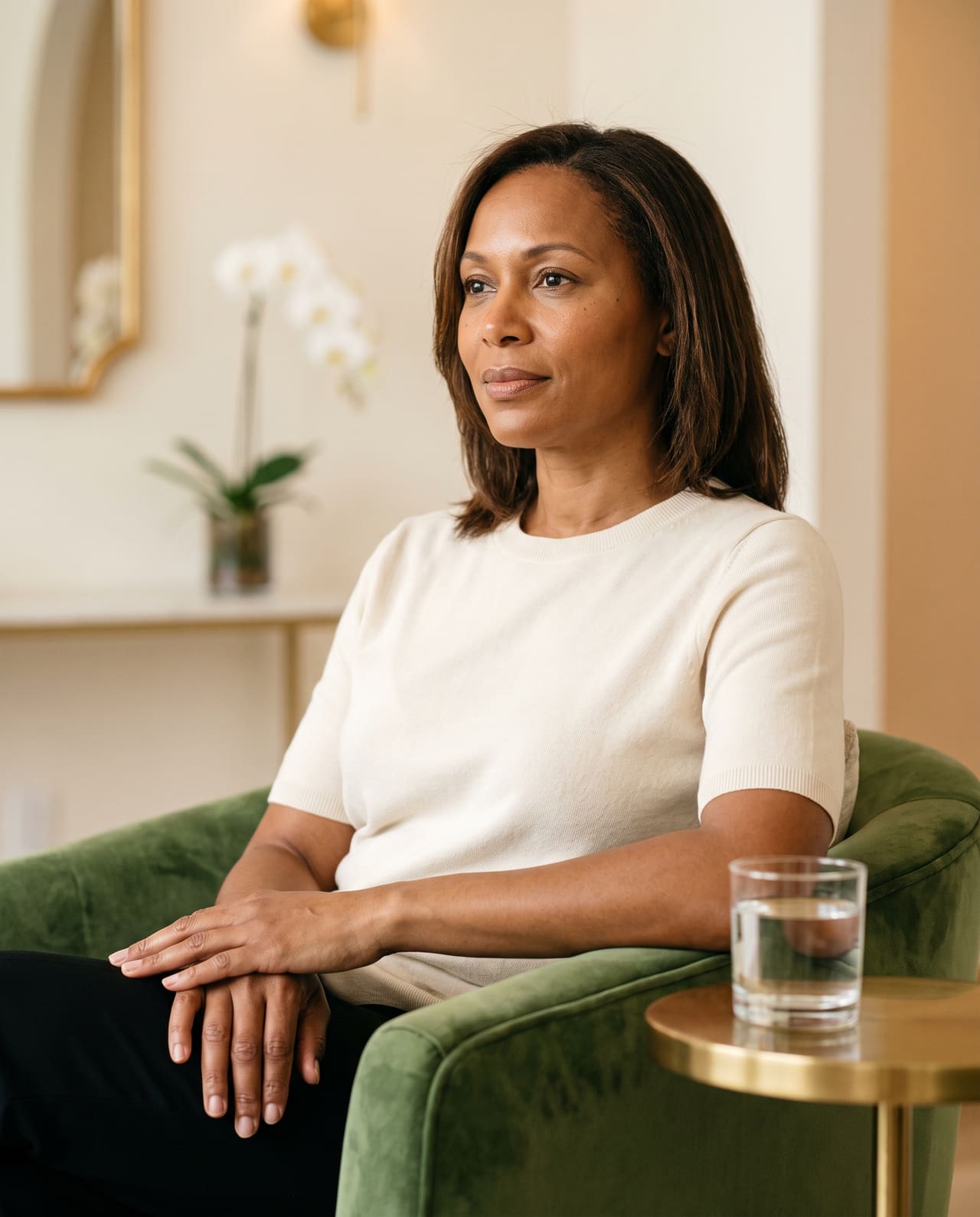 A client waiting for her consultation in a green velvet armchair, holding a glass of water with both hands.