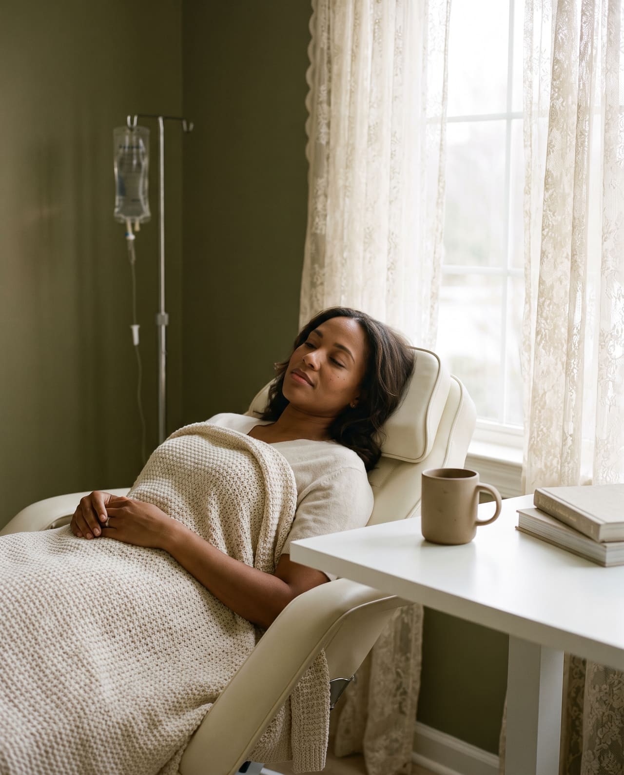 A client reclining under a cream blanket with a mug in her hands, an IV stand beside the chair and a stack of books on the desk.