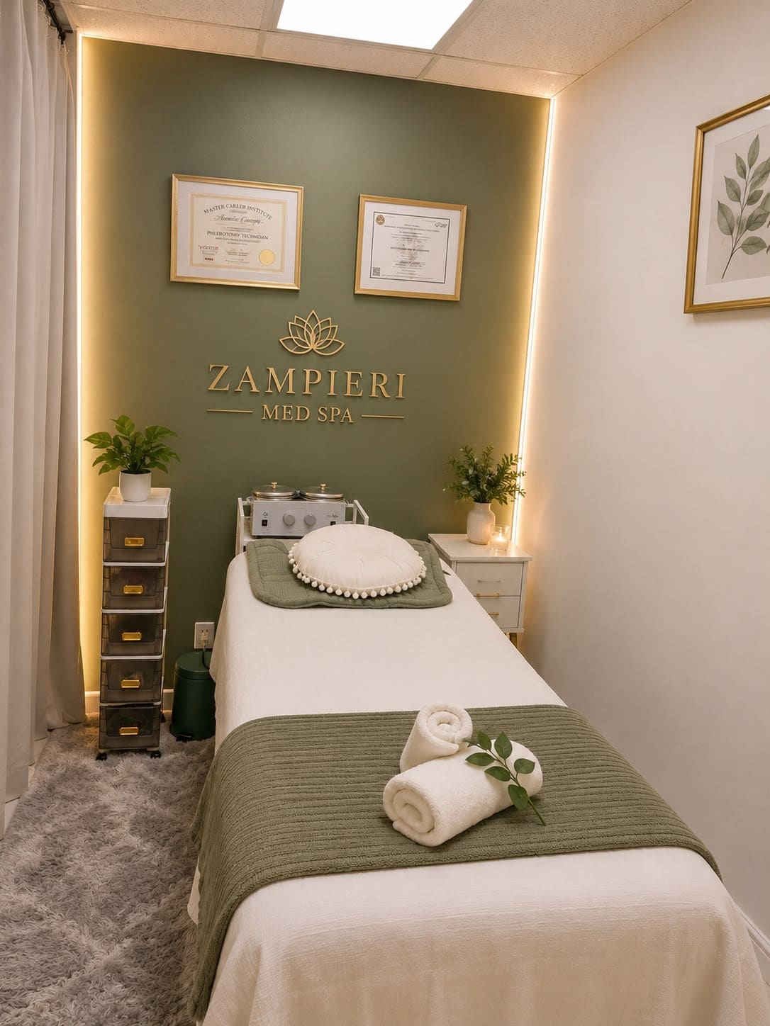 Massage therapy room at Zampieri Med Spa, with the gold lotus clinic sign above the bed.