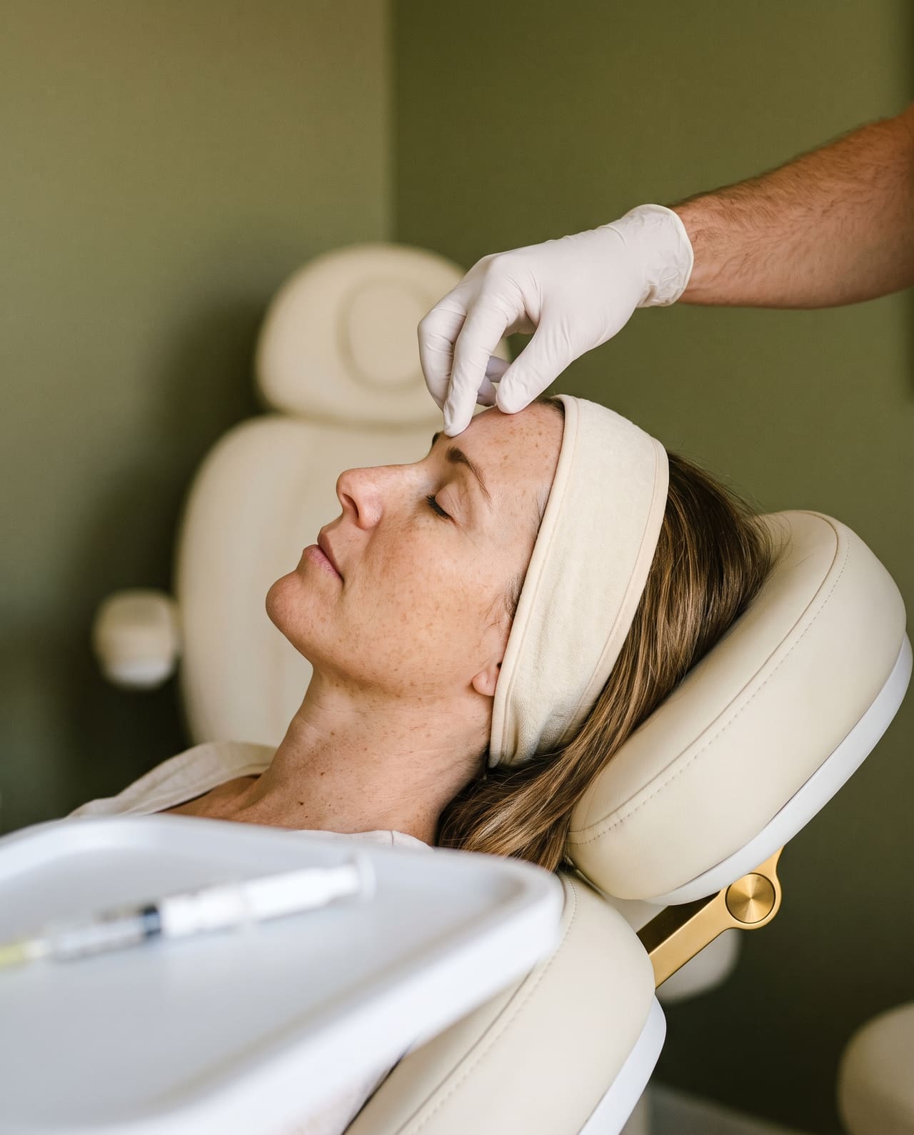 Gloved fingertips resting between the brows of a reclined client with freckles, a capped syringe out of focus on the tray.