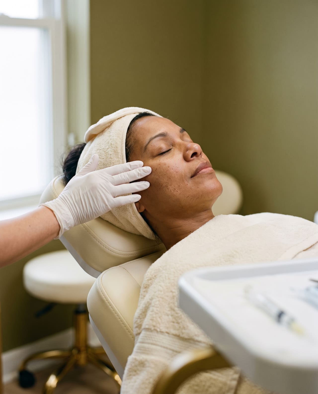 Gloved fingertips resting on the cheekbone of a reclined client with her eyes closed.