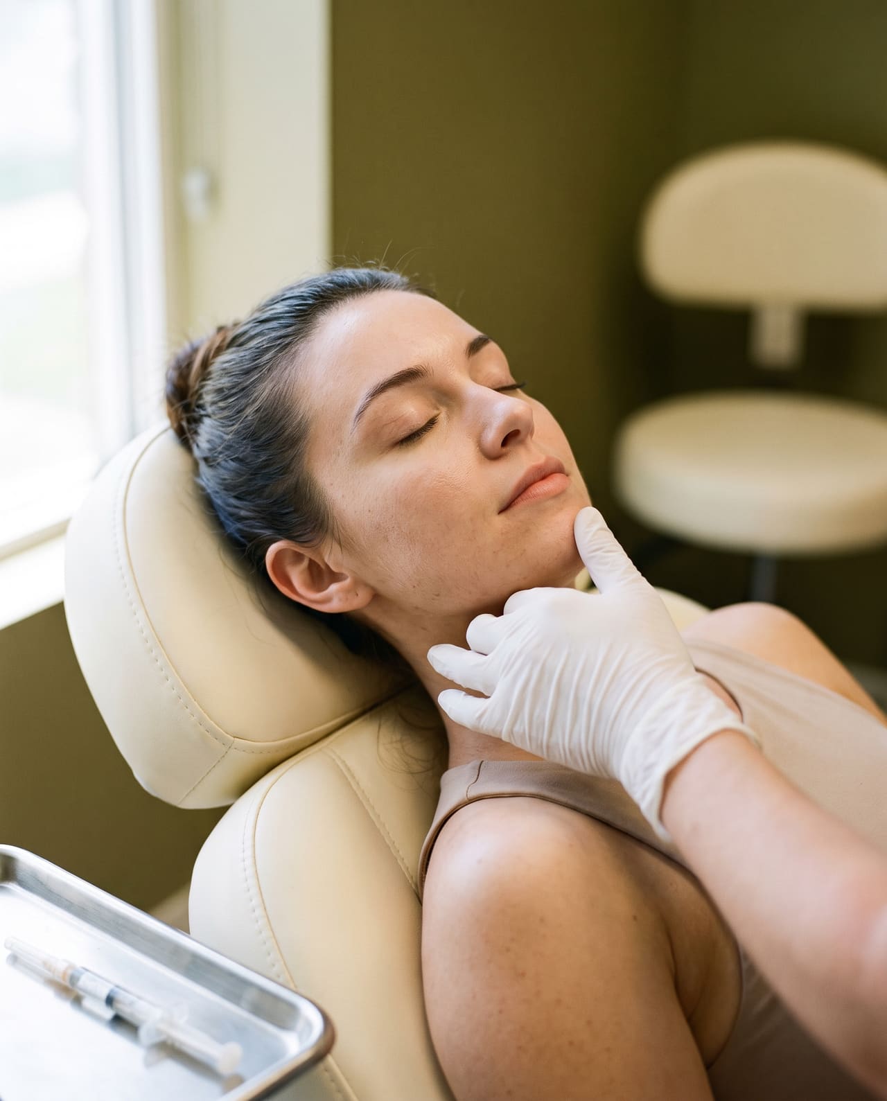 A gloved hand resting on the chin of a reclined client, a capped syringe out of focus on the tray.