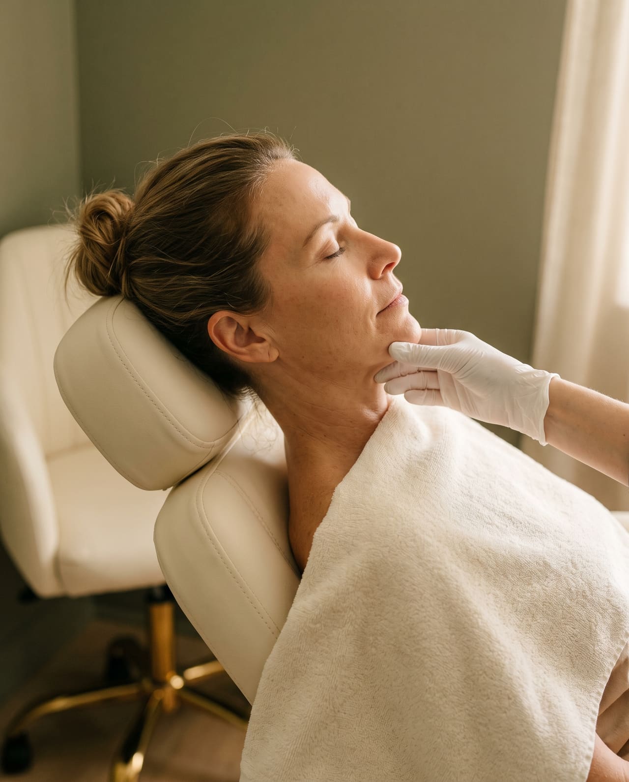 Gloved fingertips resting under the chin of a reclined client in profile, a cream towel over her shoulders.