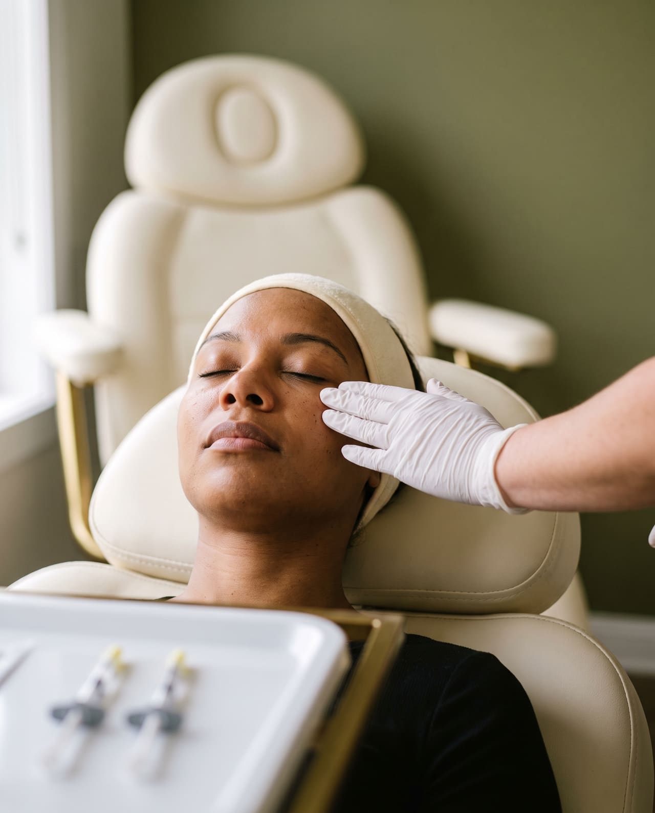 A gloved hand resting on the cheekbone of a reclined client, two capped syringes on the tray beside her.