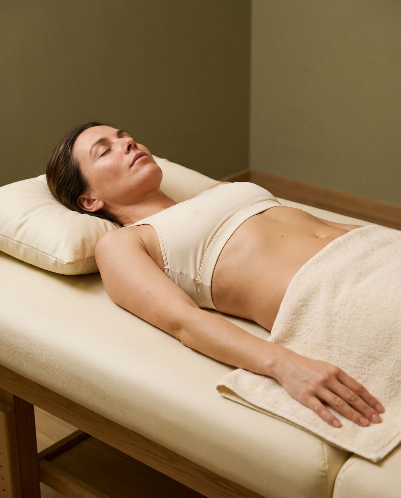 A client lying on her back on a massage bed, abdomen uncovered between a cream top and a folded towel.