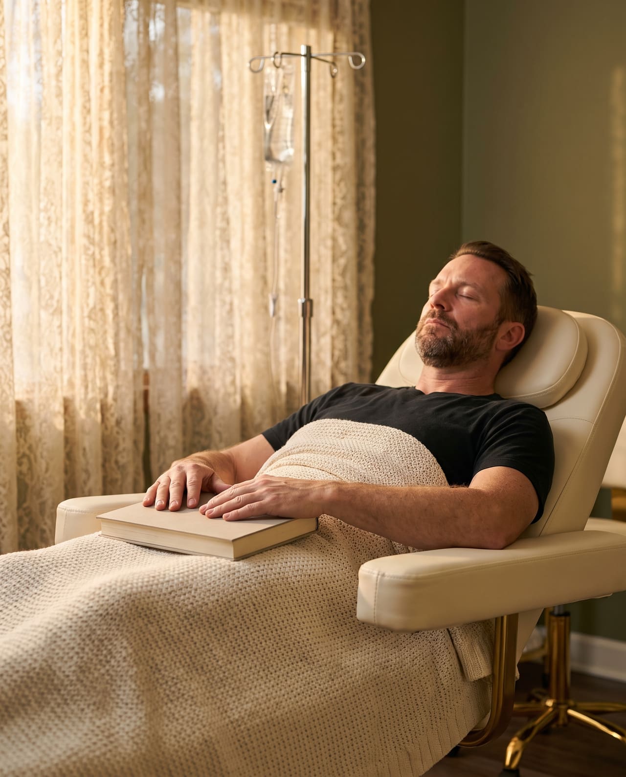 A man reclining under a blanket with a closed book on his lap, an IV bag on a stand beside the chair.