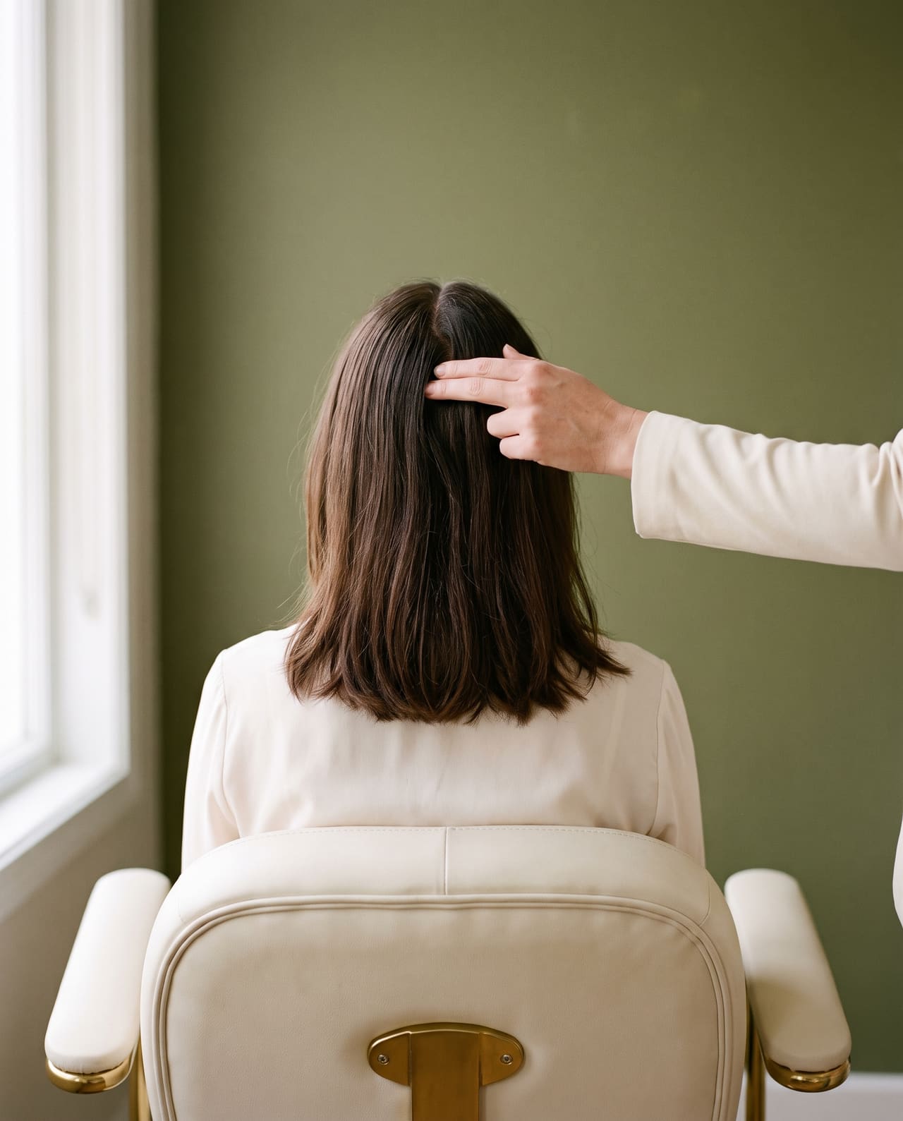 A hand parting the hair at the crown of a seated woman's head, seen from behind.