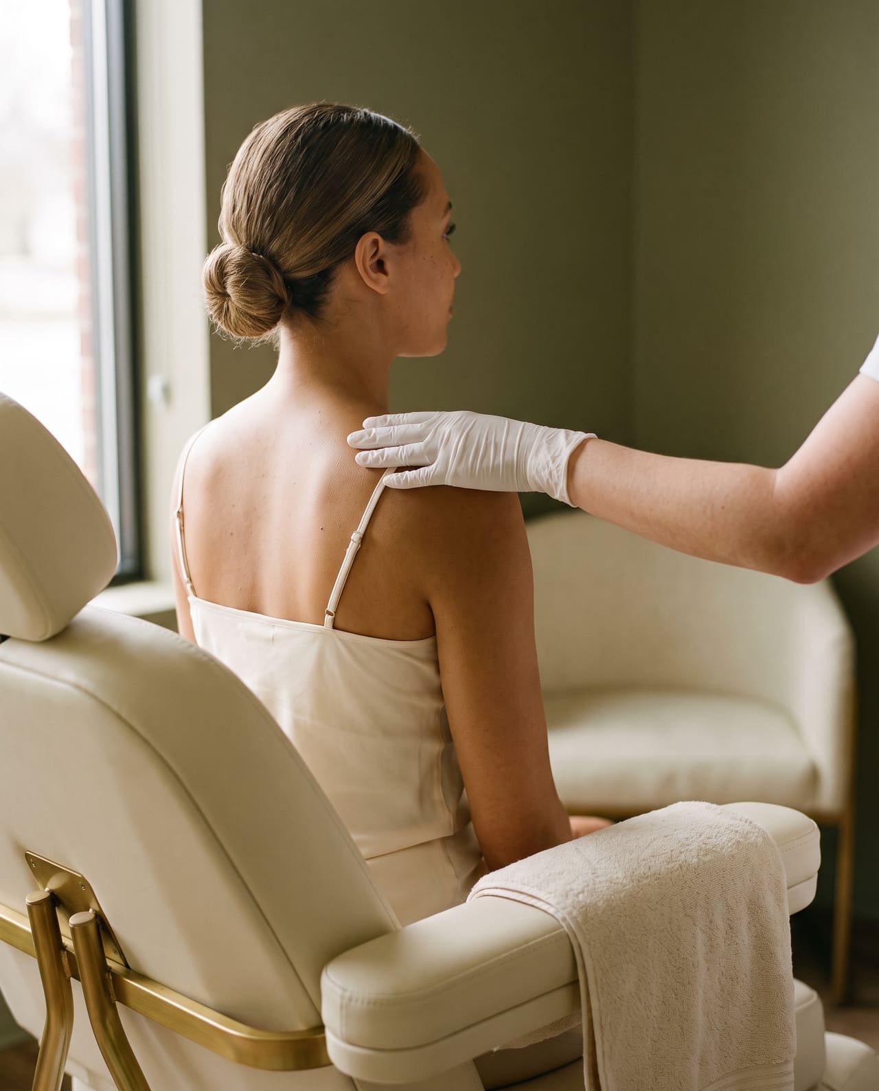 A client seated upright in a treatment chair, seen from behind, with a gloved hand resting on her shoulder and a folded towel on the armrest.