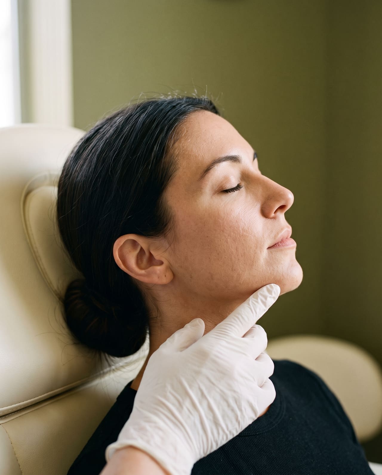 A gloved index finger resting along the jawline of a reclined client, in profile.