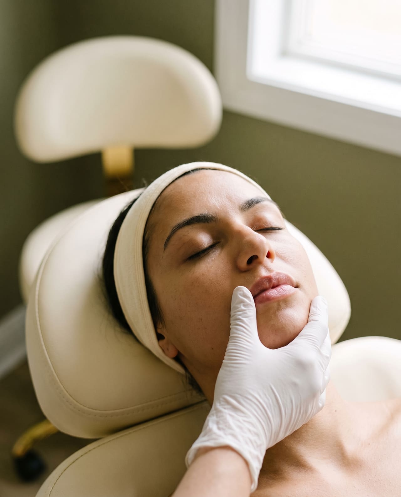 A gloved thumb resting beside the upper lip of a reclined client, assessing lip shape.
