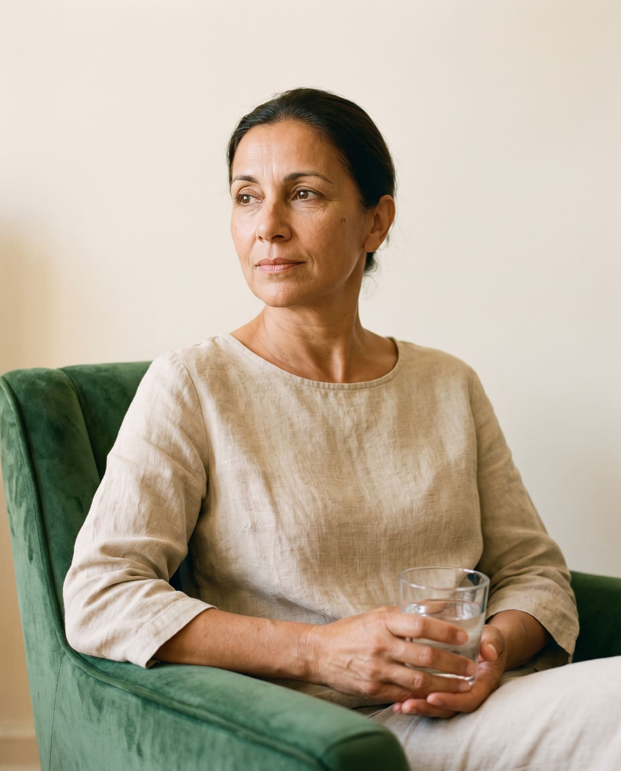 A client in a linen blouse seated in a green velvet armchair, holding a glass of water with both hands.