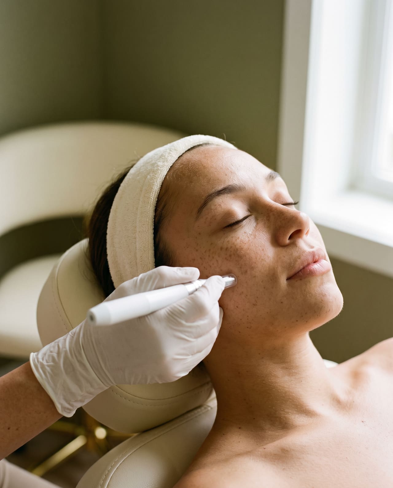 A gloved hand holding a white microneedling pen against the cheek of a reclined client.
