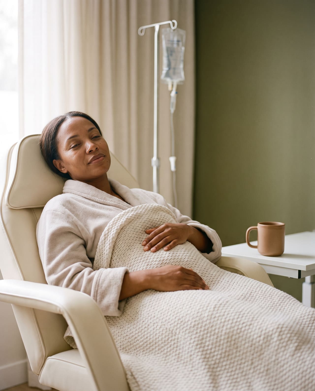 A client reclining under a cream blanket beside an IV stand, in soft window light.