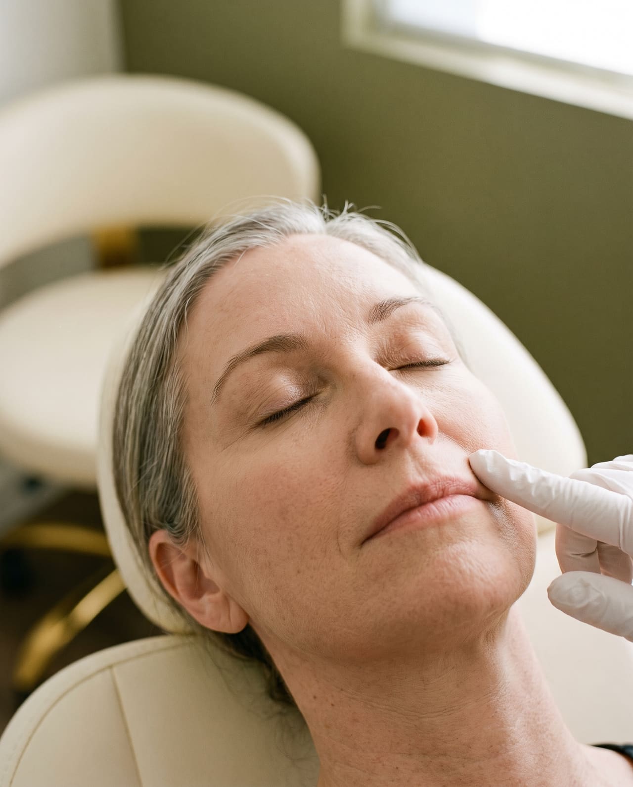 A gloved fingertip resting beside the nasolabial fold of a reclined client.