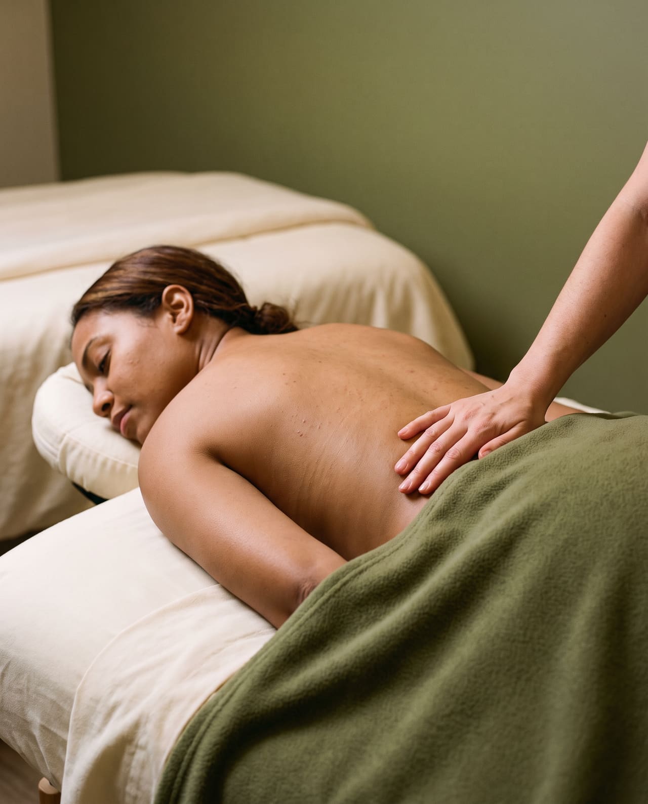 A hand resting on the lower back of a client lying face down under a green blanket, her head turned to the side.