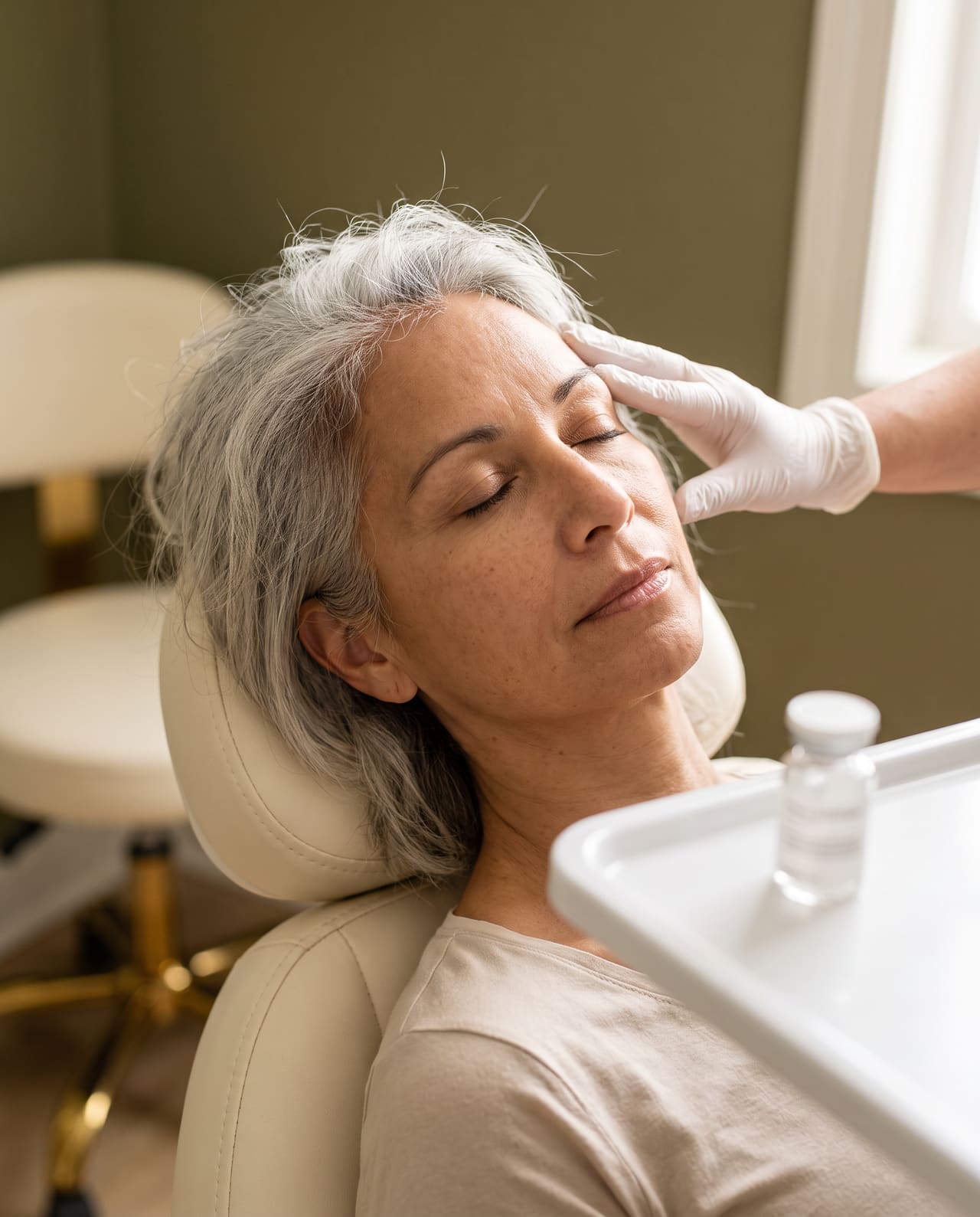 A gloved hand resting at the temple of a mature client with silver hair, an unlabeled vial on the tray.