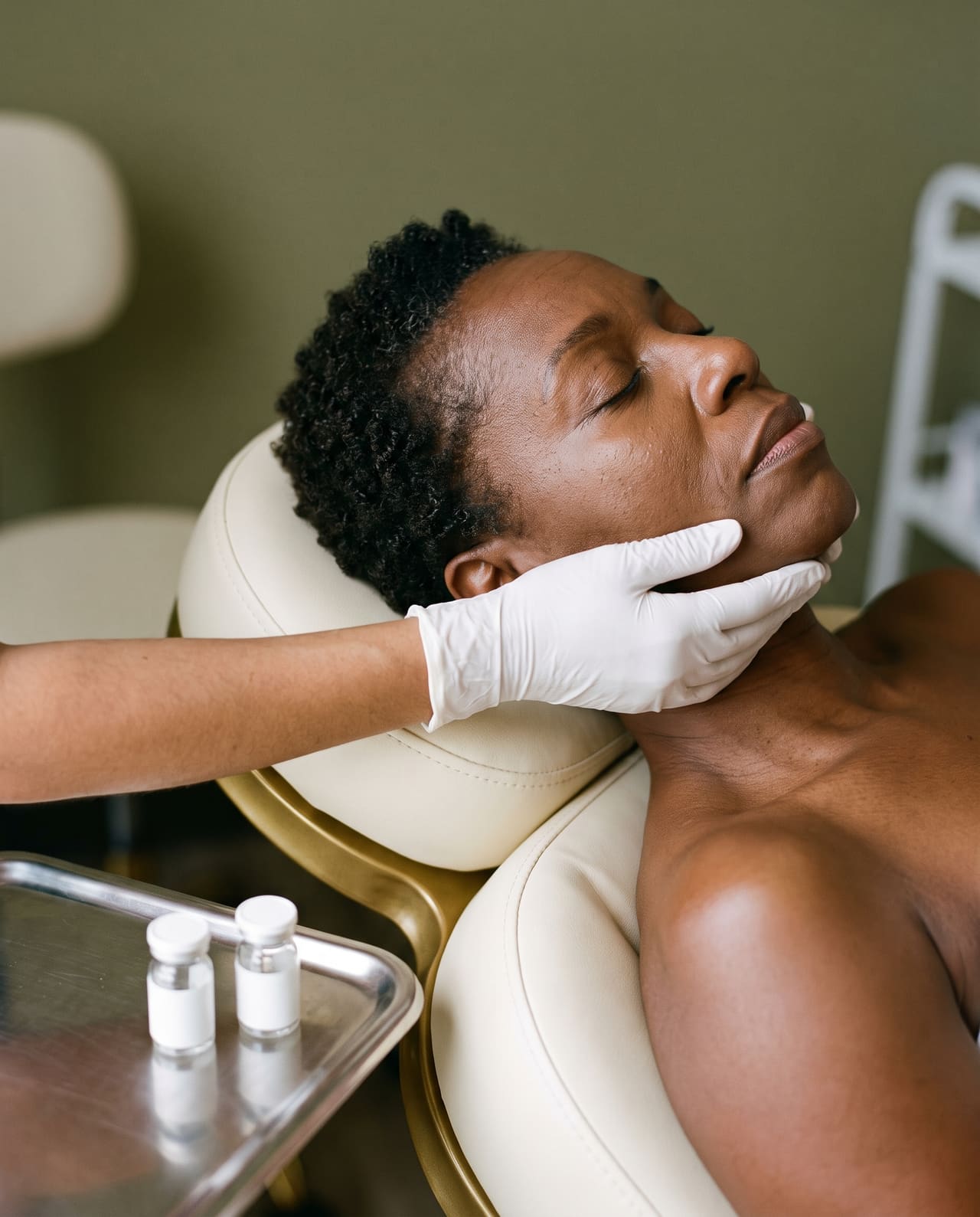 A gloved hand cupping the lower face of a client in her fifties, two unlabeled vials on the tray beside her.