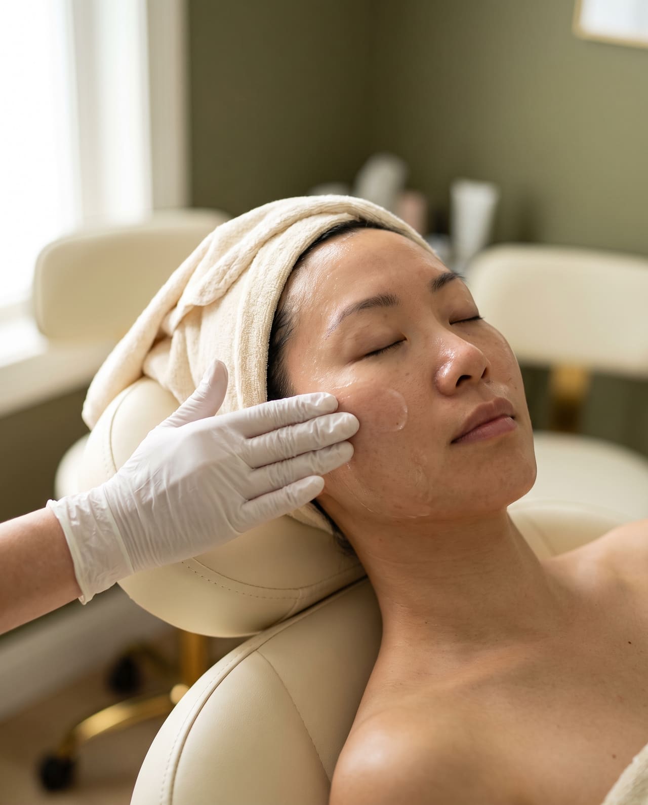 A gloved hand spreading a clear serum across the cheek of a reclined client.