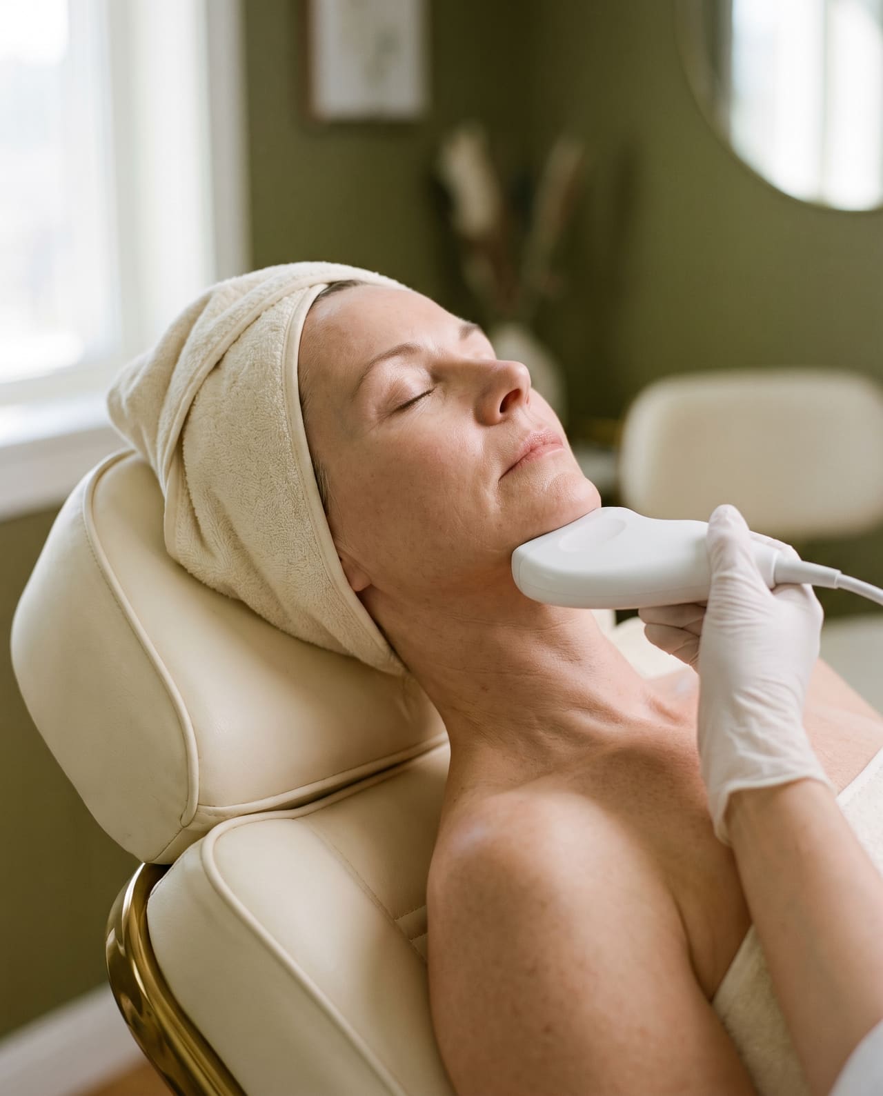 A gloved hand holding a white ultrasound handpiece under the jaw of a reclined client.