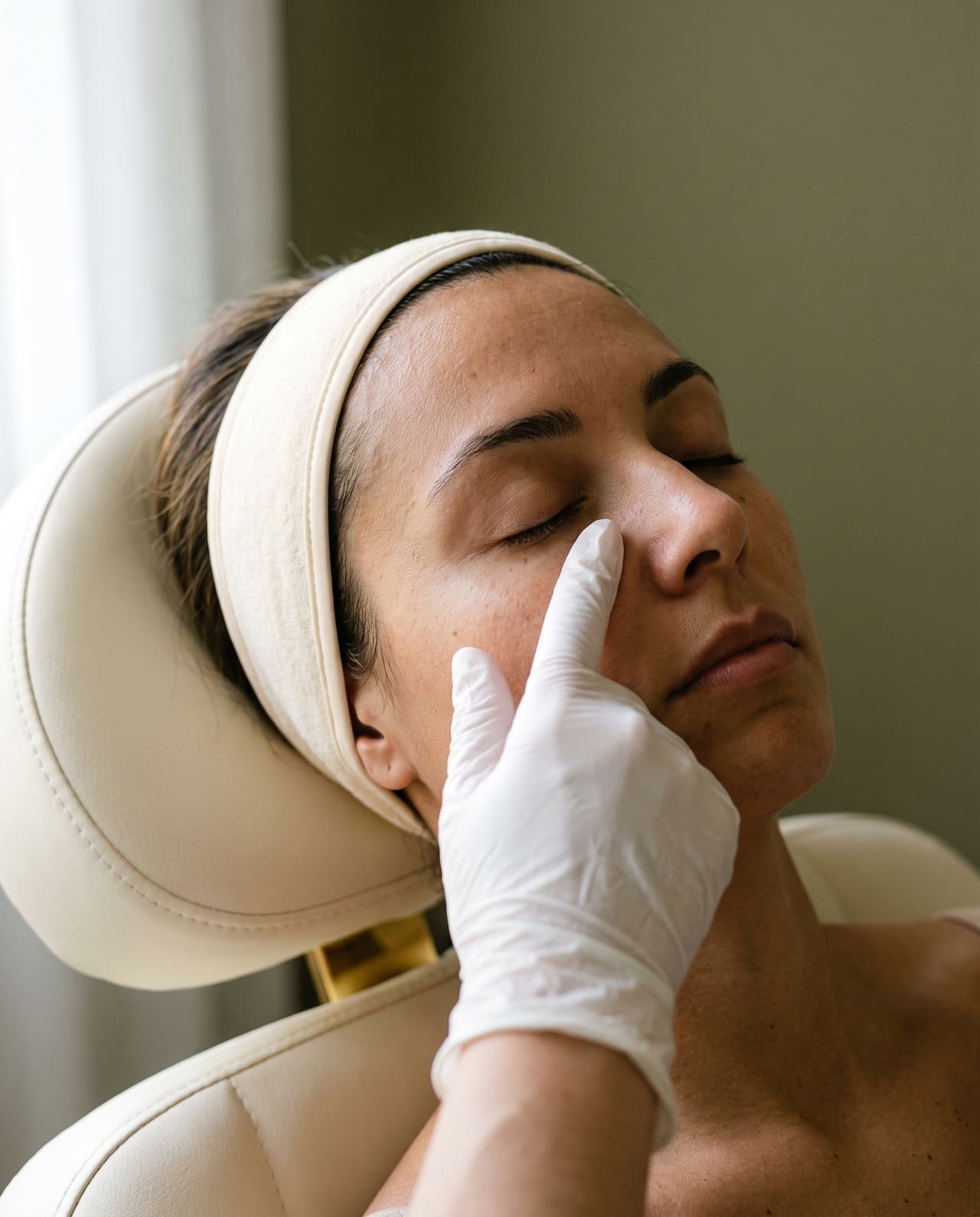 A gloved fingertip resting below the closed eye of a reclined client.