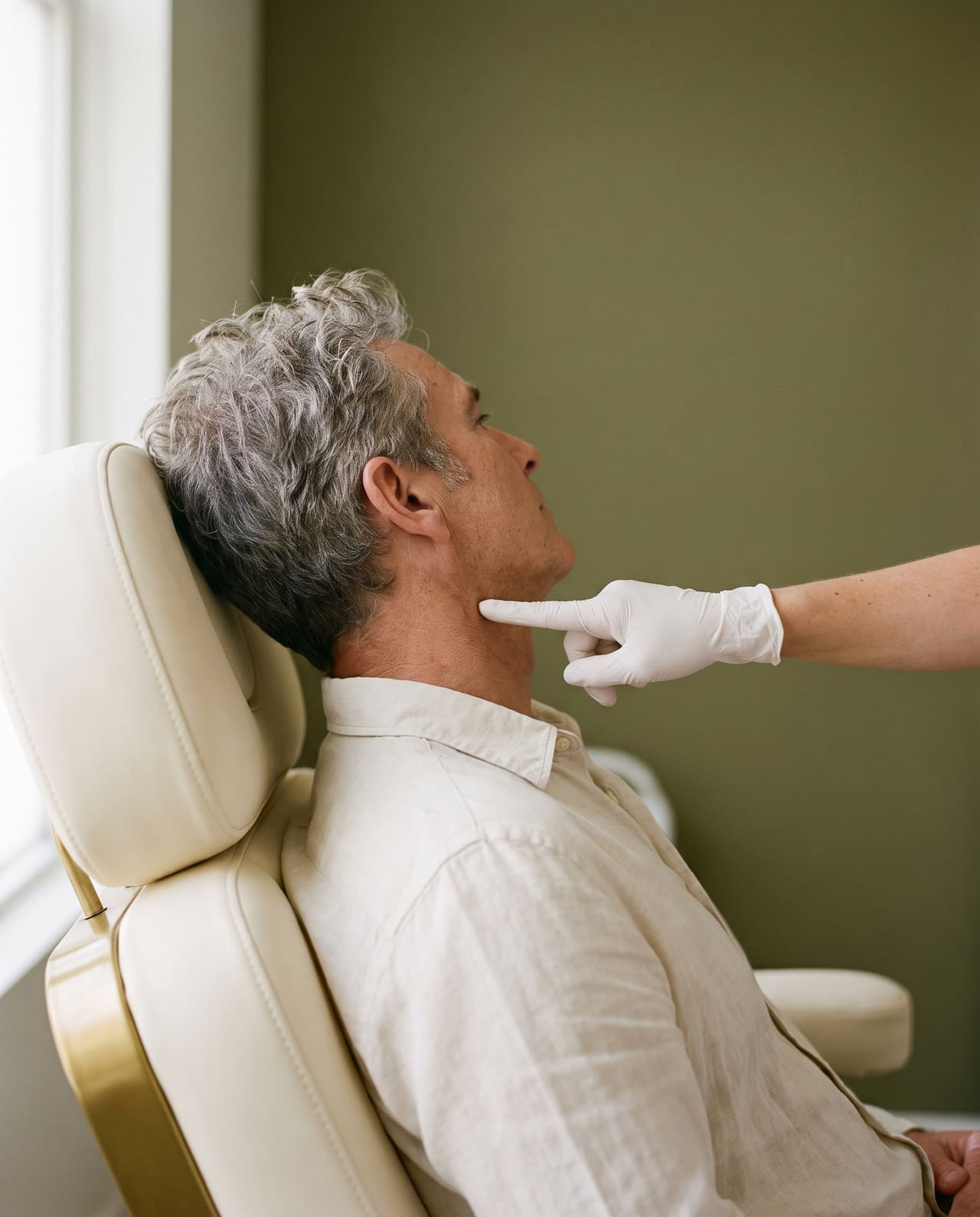 A gloved fingertip pointing at a spot on the neck of a seated man with grey hair, in a linen shirt.