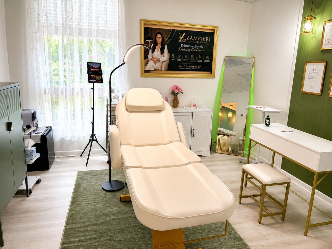The cream treatment chair with a brushed gold base in the procedure room, beside a lace-curtained window.